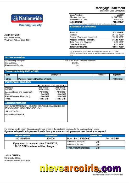 United Kingdom Nationwide bank mortgage statement